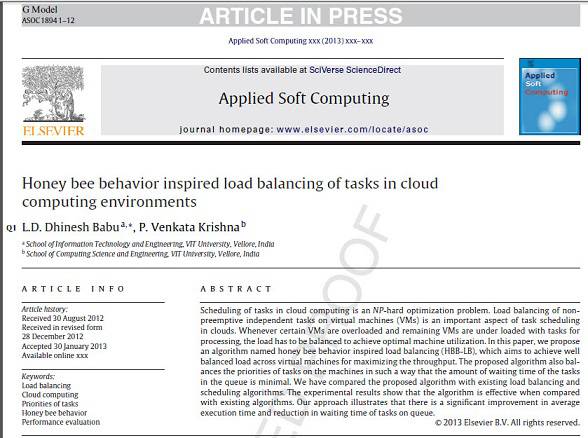ترجمه مقاله انگلیسی  : Honey bee behavior inspired load balancing of tasks in cloud computing environments