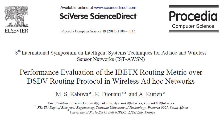 ترجمه مقاله : Performance Evaluation of the IBETX Routing Metric over DSDV Routing Protocol in Wireless Ad hoc Networkss