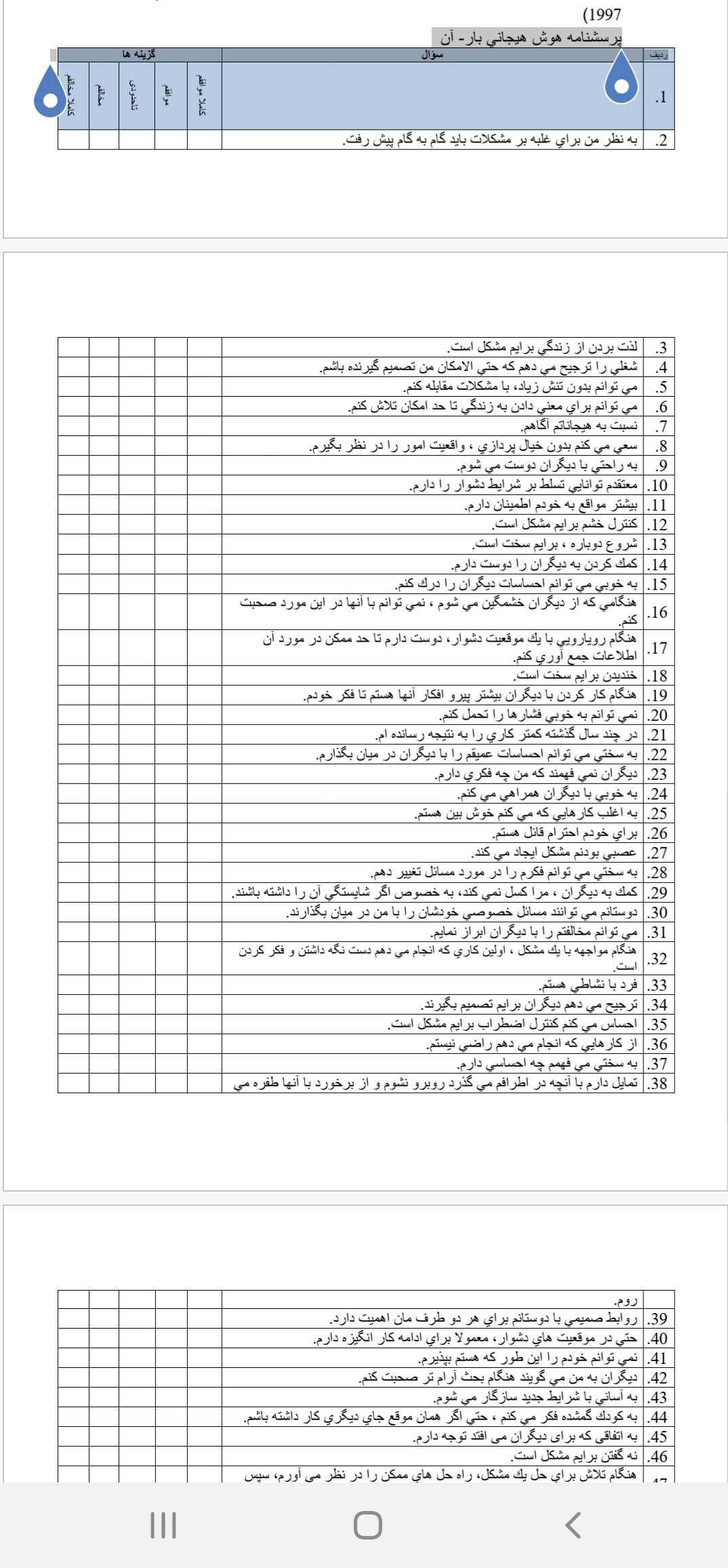 پرسشنامه هوش هیجانی بار آن به صورت ورد با نمره گذاری و تفسیر