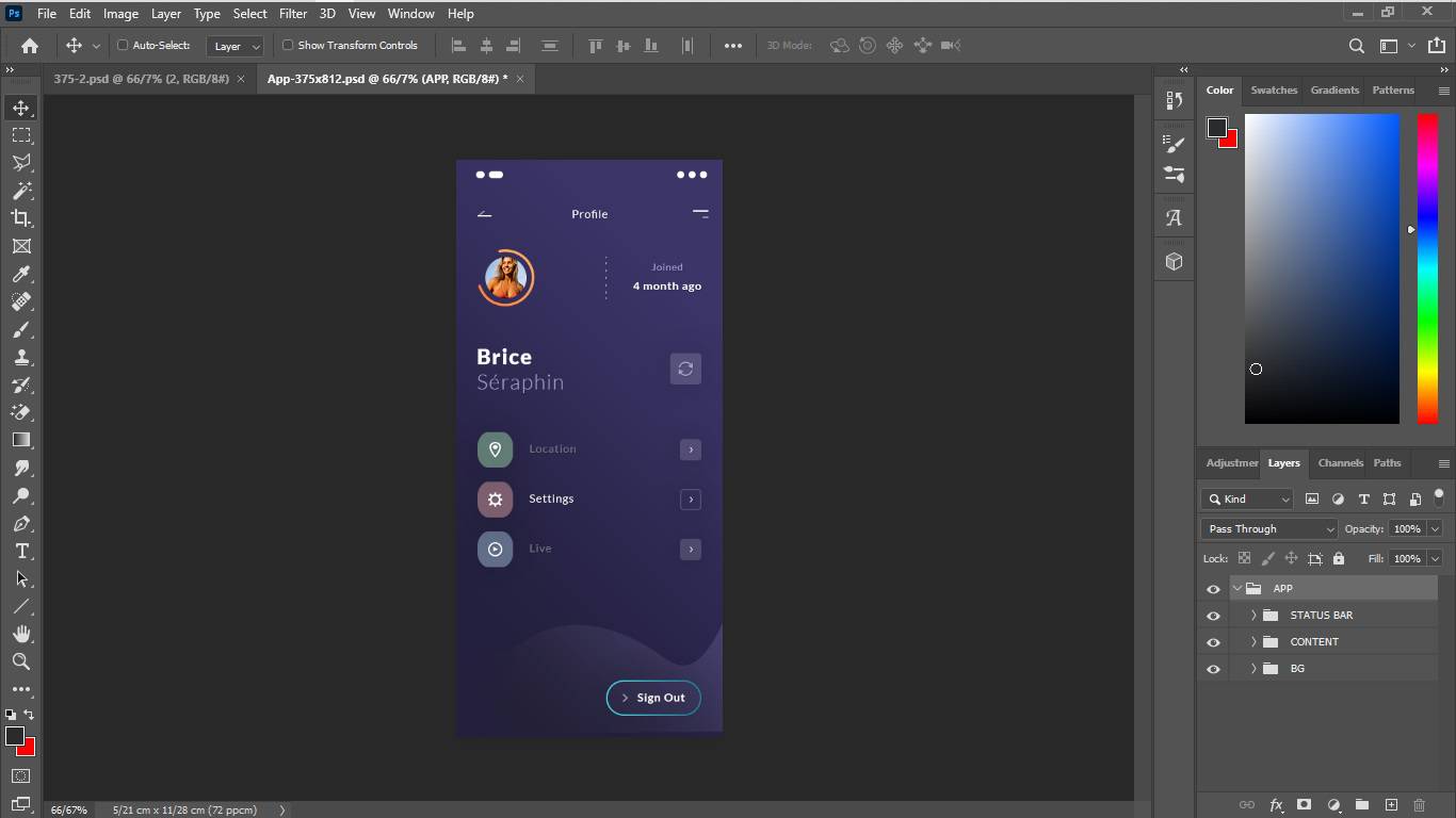 طراحی UI اپلیکیشن قسمت PROFILE با فتوشاپ