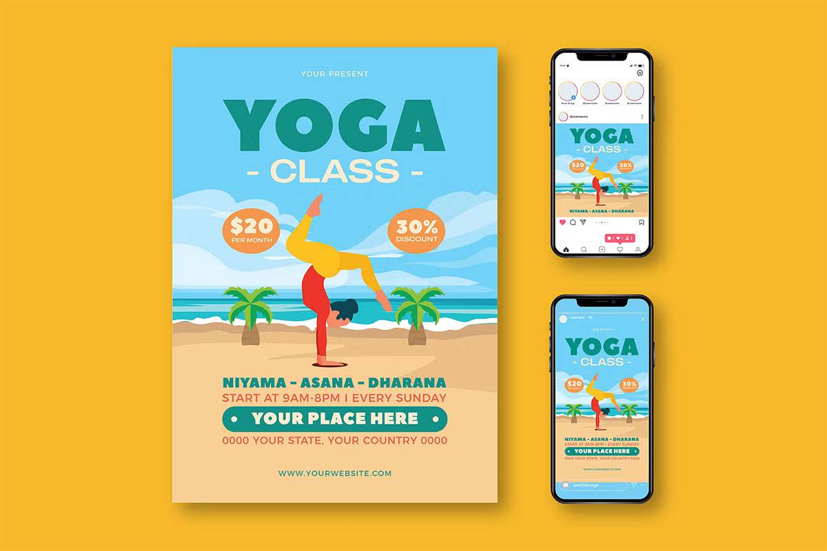 طرح تراکت و پست و استوری کلاس یوگا